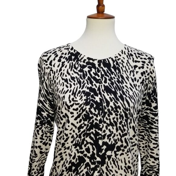 Talbots Cardigan Sweater Black White Animal Print Cotton Bl 3/4 Slv Petite S - Picture 2 of 12